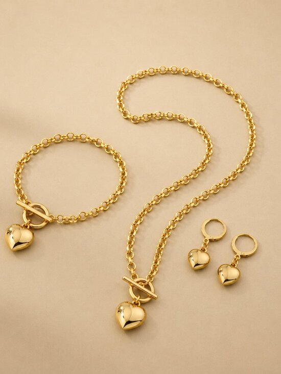 Jewelry - 3pc Gold Heart Charm Necklace Bracelet & Earrings Jewelry Set